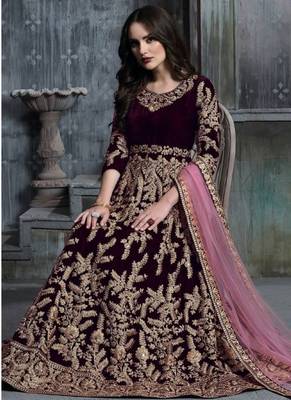 Wine velvet resham embroidered anarkali suit 2