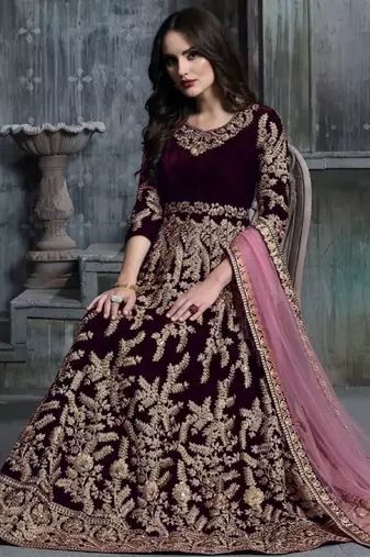 Wine velvet resham embroidered anarkali suit