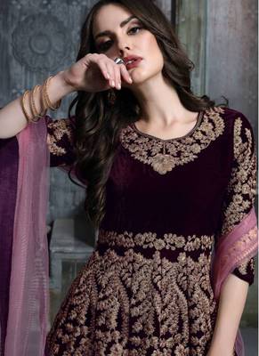 Wine velvet resham embroidered anarkali suit 3
