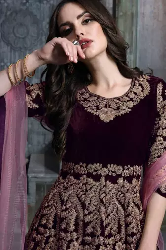 Wine velvet resham embroidered anarkali suit