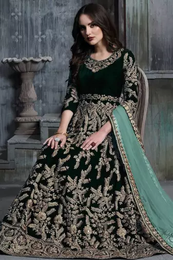 Green velvet resham embroidered anarkali suit