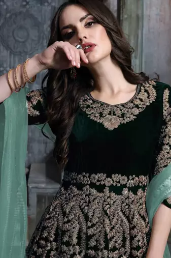 Green velvet resham embroidered anarkali suit