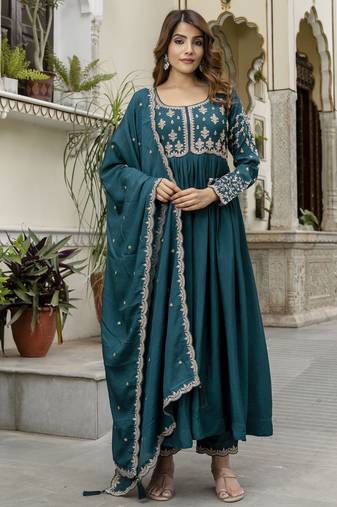 Silk Blend Embroidery Anarkali Kurta Pant Set with Dupatta