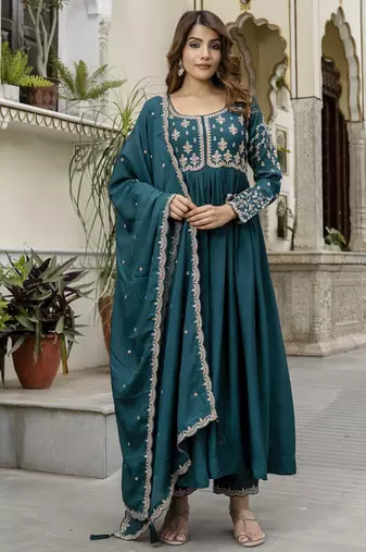 Silk Blend Embroidery Anarkali Kurta Pant Set with Dupatta