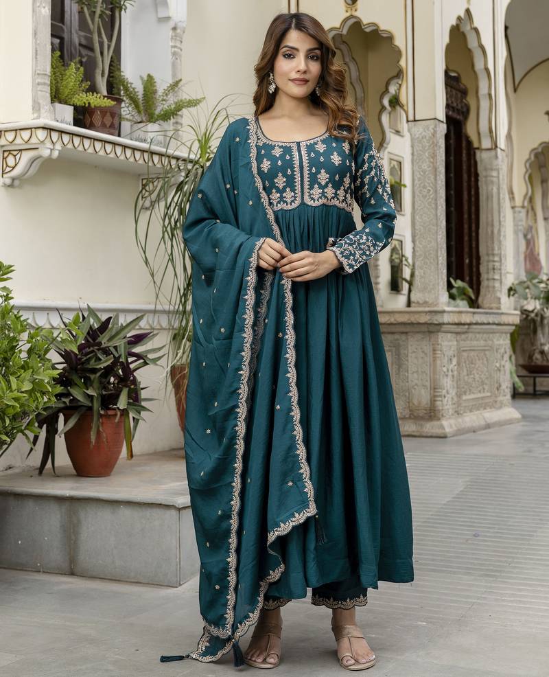 Silk Blend Embroidery Anarkali Kurta Pant Set with Dupatta