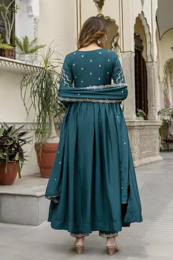 Trendmalls Silk Blend Embroidery Anarkali Kurta Pant Set with Dupatta