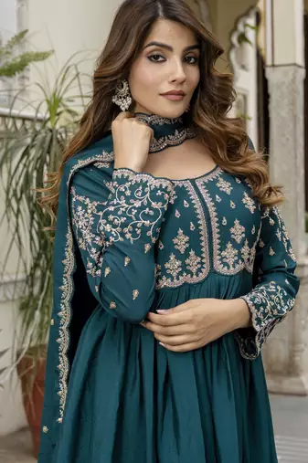 Trendmalls Silk Blend Embroidery Anarkali Kurta Pant Set with Dupatta