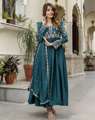 Trendmalls Silk Blend Embroidery Anarkali Kurta Pant Set with Dupatta 7