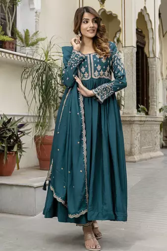 Trendmalls Silk Blend Embroidery Anarkali Kurta Pant Set with Dupatta