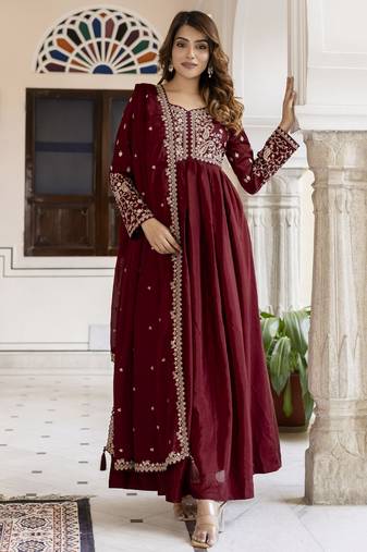 Silk Blend Embroidery Anarkali Kurta Pant Set with Dupatta