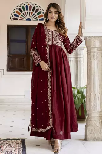 Silk Blend Embroidery Anarkali Kurta Pant Set with Dupatta