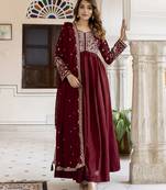 Trendmalls Silk Blend Embroidery Anarkali Kurta Pant Set with Dupatta