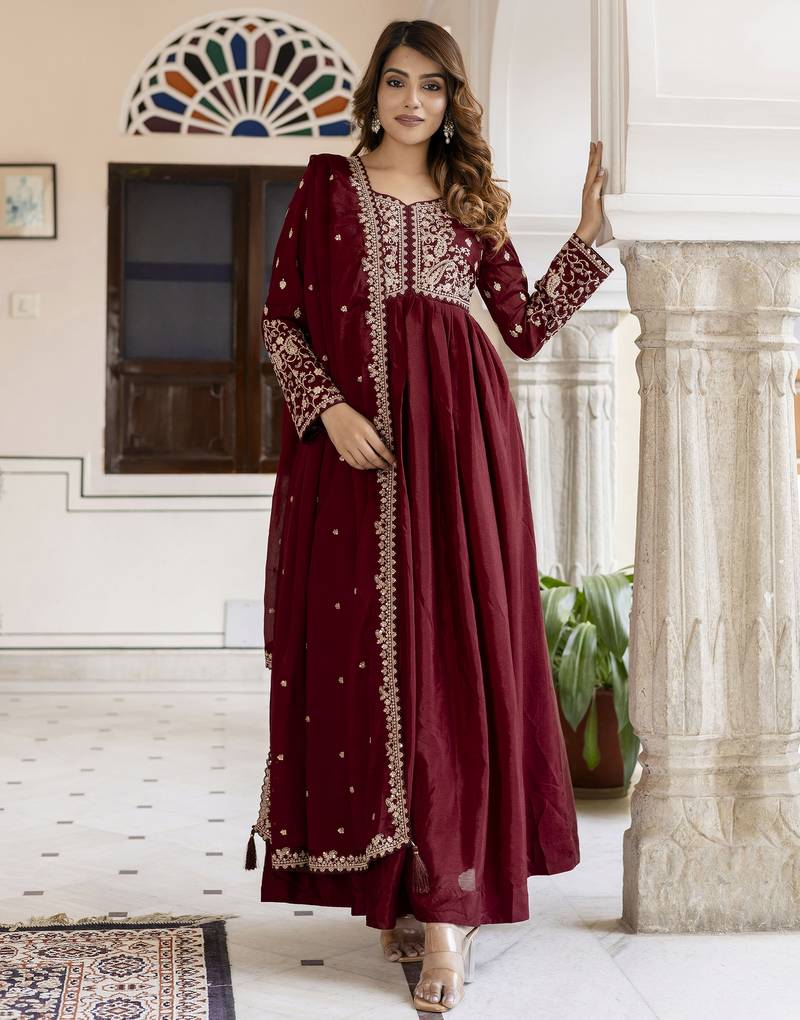 Silk Blend Embroidery Anarkali Kurta Pant Set with Dupatta