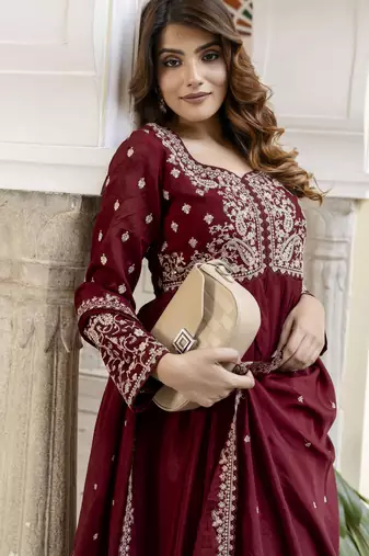 Trendmalls Silk Blend Embroidery Anarkali Kurta Pant Set with Dupatta