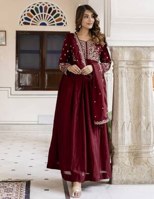 Silk Blend Embroidery Anarkali Kurta Pant Set with Dupatta 5