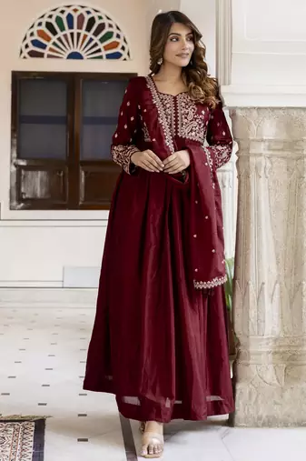Trendmalls Silk Blend Embroidery Anarkali Kurta Pant Set with Dupatta