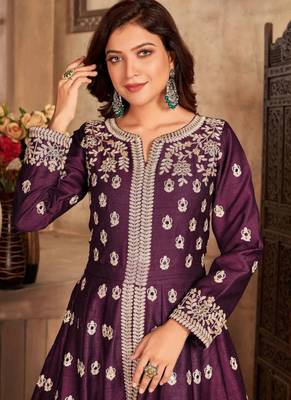 Wine art silk embroidered pakistani style suit 2