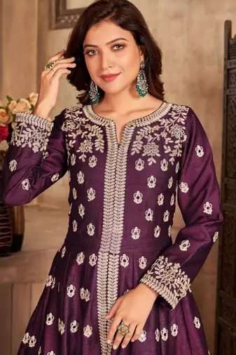 Wine art silk embroidered pakistani style suit