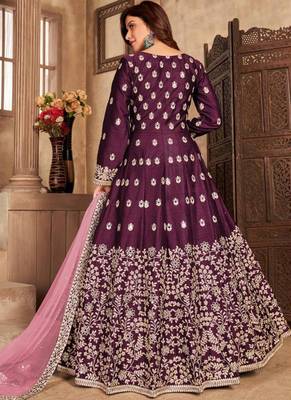 Wine art silk embroidered pakistani style suit 3