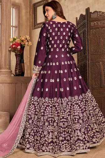Wine art silk embroidered pakistani style suit