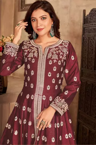 Maroon art silk embroidered pakistani style suit
