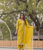 Yellow Weaving Straight Kurta With Pant And Dupatta Suit Set 