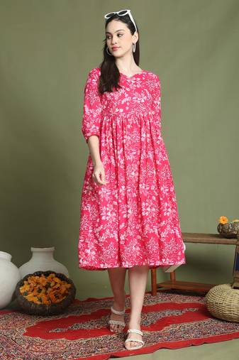Women's pure cotton jaipuri printed western dress