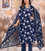 Navy blue women embroidered floral printed aline kurta pant with dupatta set