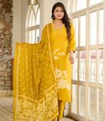 Mustard women floral printed aline kurta pant with dupatta set