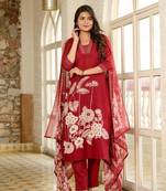 Maroon women floral printed aline kurta pant with dupatta set