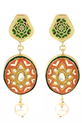 Gold finish red meena earrings