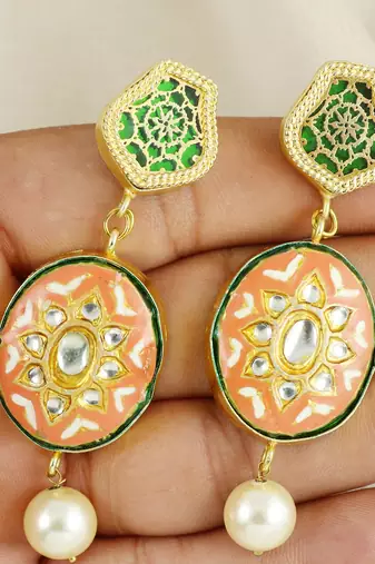 Gold finish red meena earrings