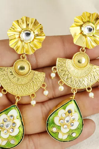 Gold finish meena teardrop earrings