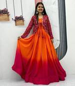 Full flared silk long gown with bandhej jacket for women