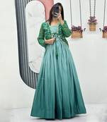 Full flared silk long gown with bandhej jacket for women