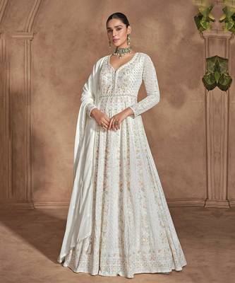 White chinon with embroidery sequence work chinon gowns 1
