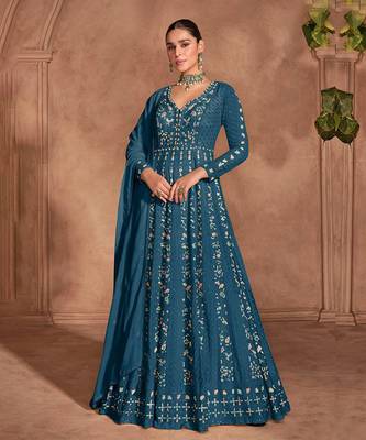 Teal blue chinon with embroidery sequence work chinon gowns 1