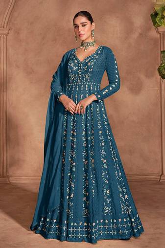 Teal blue chinon with embroidery sequence work chinon gowns