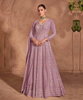 Pink chinon with embroidery sequence work chinon gowns 1
