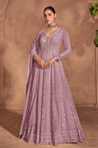 Pink chinon with embroidery sequence work chinon gowns
