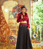 Maroon Black Gajji Silk Prined Work Navratri Crop-Top Skirt with Belt