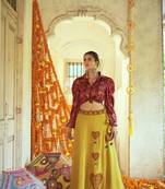 Maroon Green Gajji Silk Prined Work Navratri Crop-Top Skirt