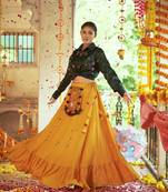 Green Yellow Gajji Silk Prined Work Navratri Crop-Top Skirt