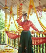 Red Green Gajji Silk Prined Work Navratri Crop-Top Skirt