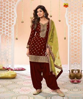 Maroon heavy jacquard silk semi stitched patiyala suits 1