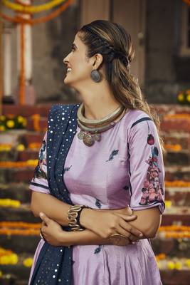 Dusty Pink Silk Digital Printed Work Navratri Lehenga Choli with Dupatta 3