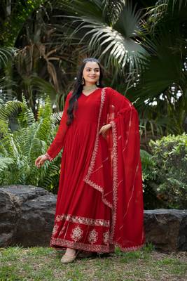 Red georgette zari sequins embroidery flared gown with heavy dupatta 1