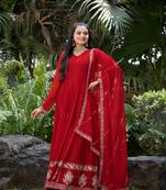 Red georgette zari sequins embroidery flared gown with heavy dupatta