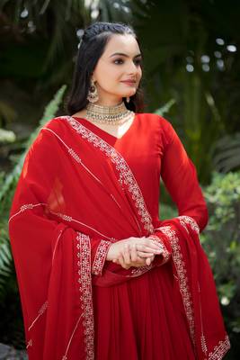 Red georgette zari sequins embroidery flared gown with heavy dupatta 3