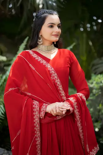 Red georgette zari sequins embroidery flared gown with heavy dupatta